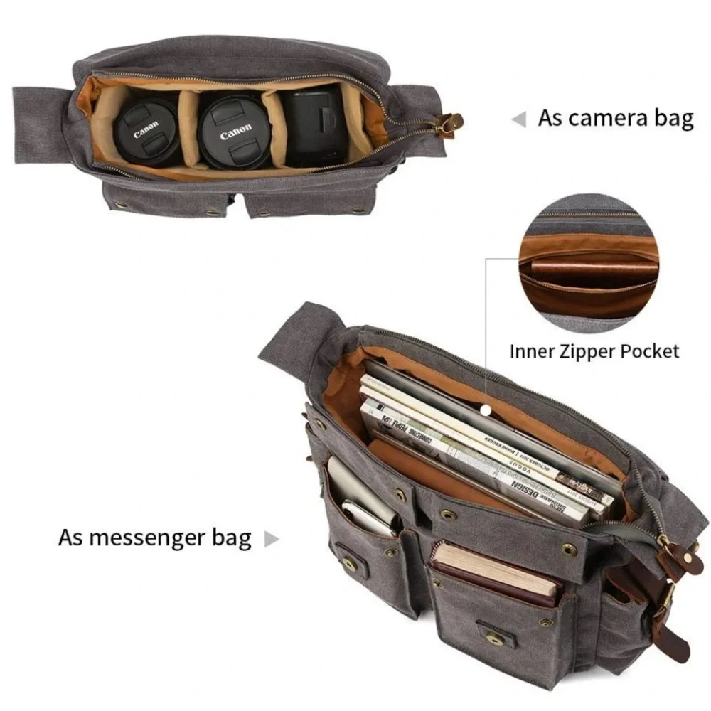 Kattee Leather Canvas Camera Bags for Men Vintage DSLR SLR Messenger Shoulder...